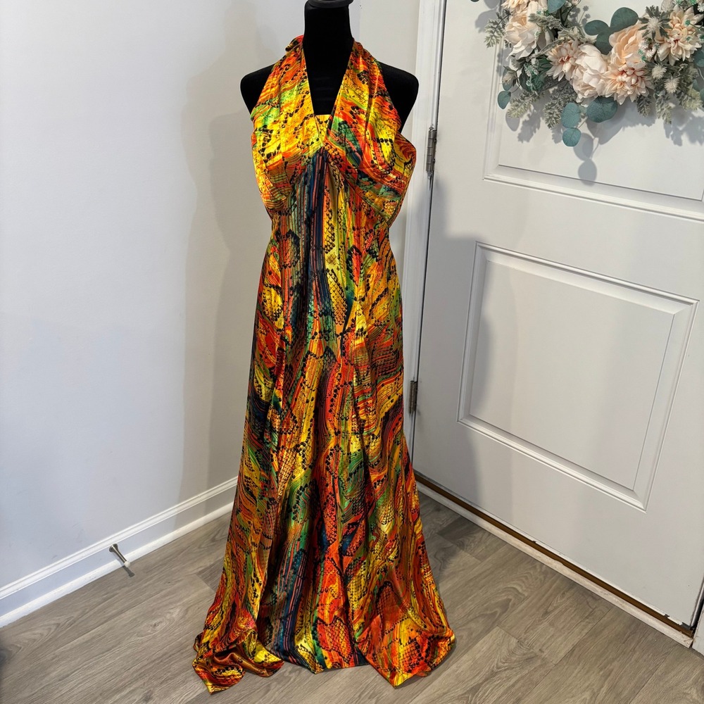 Ashro Womens Maxi Dress Size 10 Multi Snake Print Halter Tie Back Floor Length